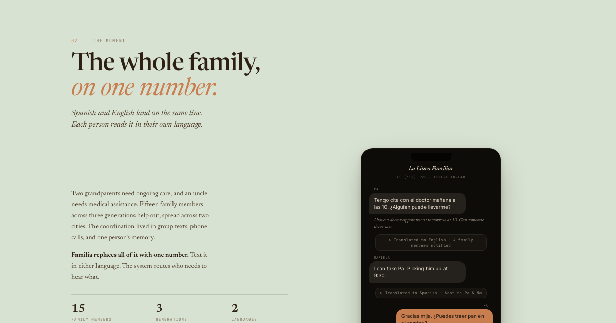 Familia: a bilingual SMS thread, Spanish and English in one conversation, the whole family on one number.