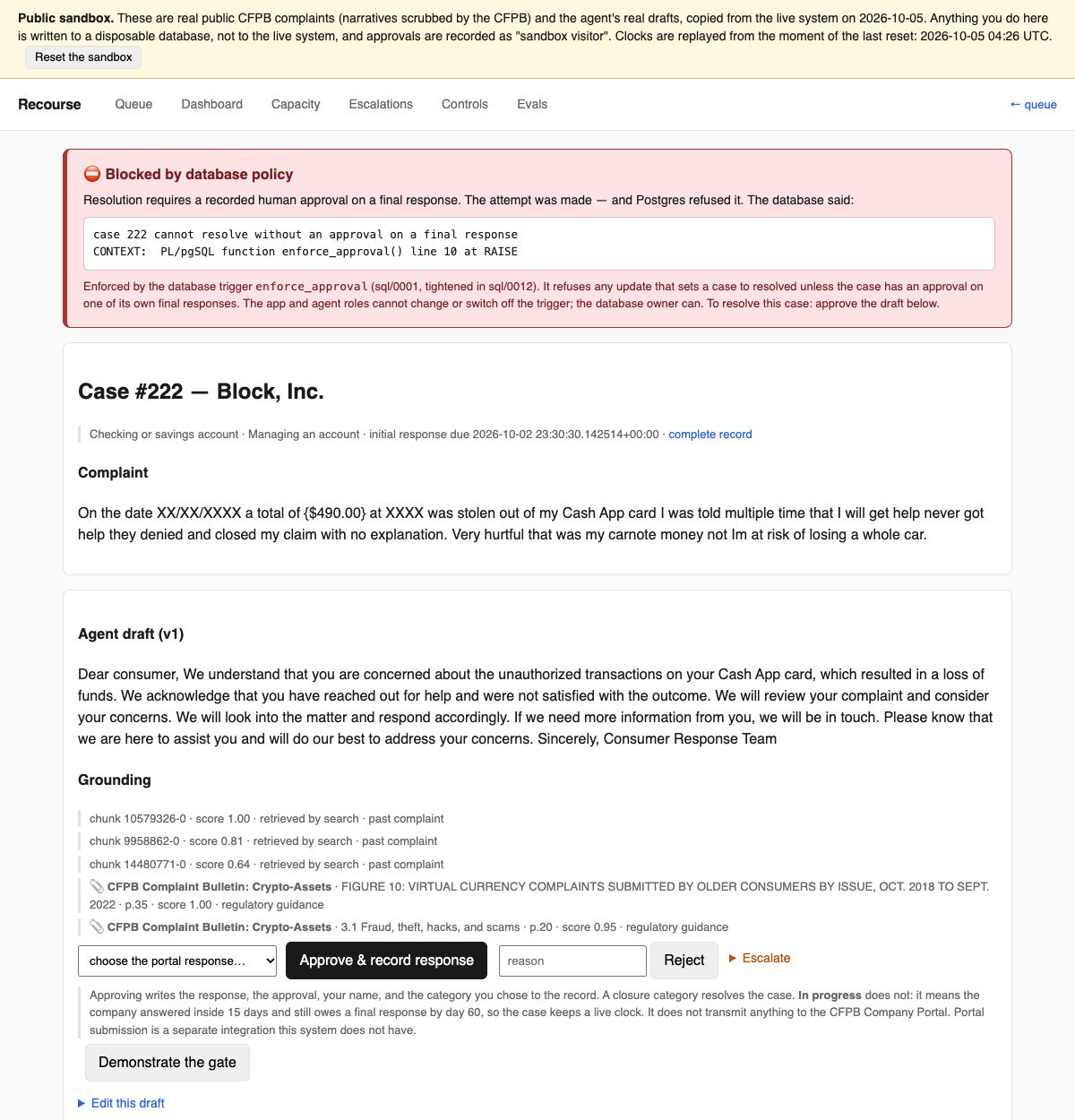 A case page in the Recourse public sandbox. A red banner reads Blocked by database policy, with the database's own message: case 222 cannot resolve without an approval on a final response. Below it, the public CFPB complaint, the agent's draft reply, the past complaints and CFPB guidance it cited, and the Approve, Reject and Escalate controls.